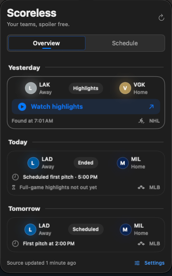 Actual Scoreless overview in dark appearance