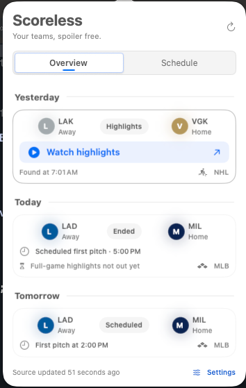 Scoreless’s actual overview showing spoiler-free game status and a Watch highlights link